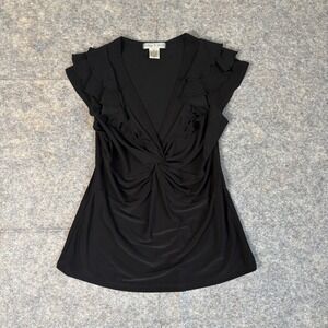 Vintage Suzie Black Ruffle Sleeve Twist Front V-Neck Blouse Top Women's Size M